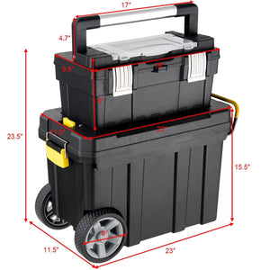 2-in-1 Rolling Plastic Toolbox Set With 6-Inch Wheels, Black