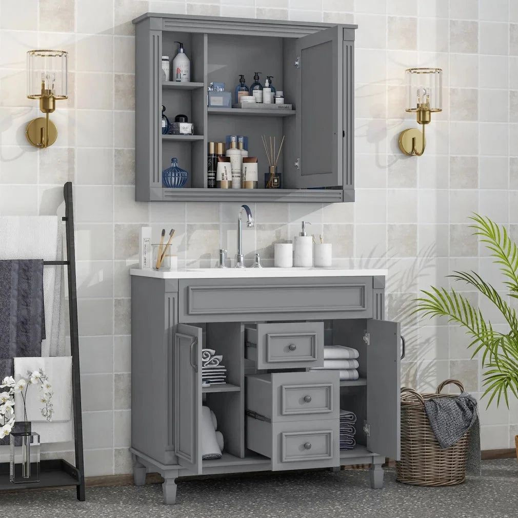 36'' Bathroom Vanity Set With Ceramic Sink Top, Mirror Cabinet, 2 Doors And 2 Drawers - Gray