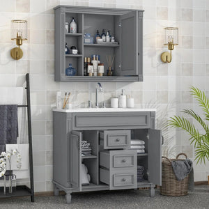 36'' Bathroom Vanity Set With Ceramic Sink Top, Mirror Cabinet, 2 Doors And 2 Drawers - Gray