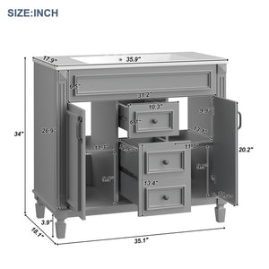36'' Bathroom Vanity Set With Ceramic Sink Top, Mirror Cabinet, 2 Doors And 2 Drawers - Gray
