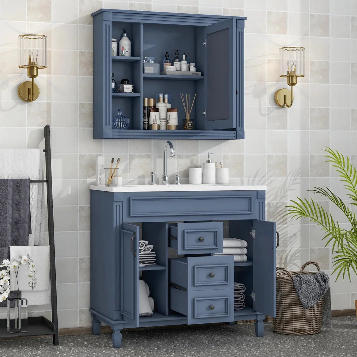 36'' Bathroom Vanity Set With Ceramic Sink Top, Mirror Cabinet, 2 Doors And 2 Drawers - Gray