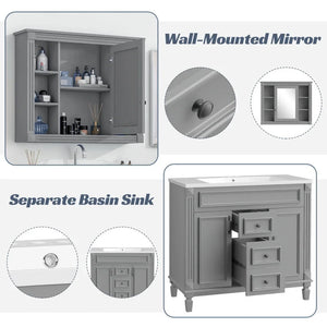 36'' Bathroom Vanity Set With Ceramic Sink Top, Mirror Cabinet, 2 Doors And 2 Drawers - Gray