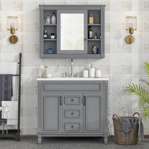 36'' Bathroom Vanity Set With Ceramic Sink Top, Mirror Cabinet, 2 Doors And 2 Drawers - Gray